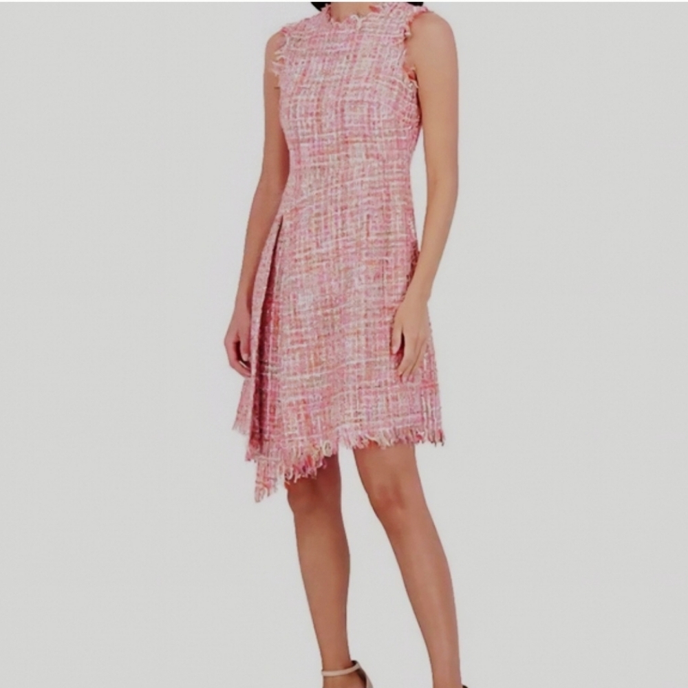 Vince CamutoTweed Round Neck Sleeveless Asymmetrical A-Line Dress